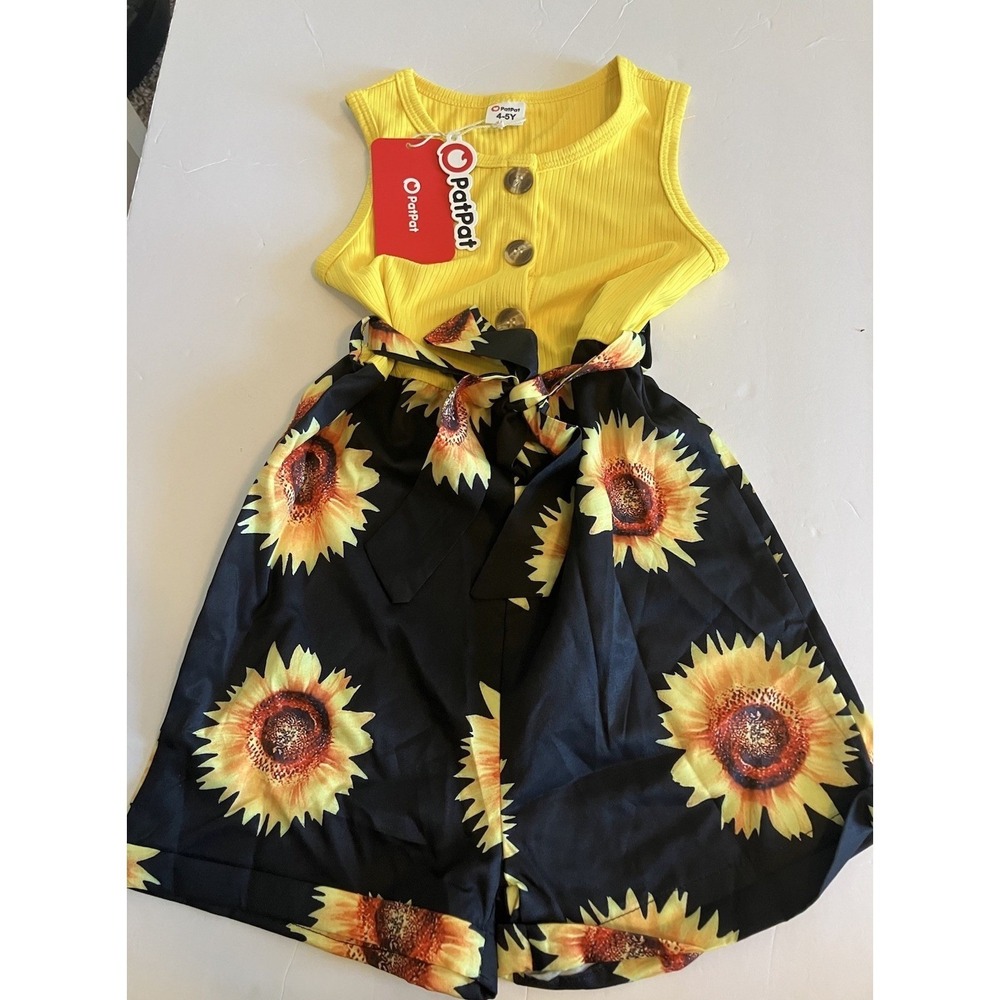 PatPat Sunflower Romper Shorts Yellow Black Girls 4-5Y C939